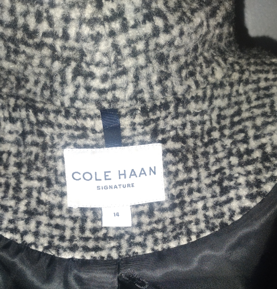Cole Haan Asymmetrical Shawl Collar Wool Coat in Black and White Sz 14 - Picture 10 of 16